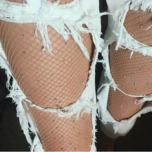 Women High Waist Diamond  Sparkle Rhinestone Fishnet Stockings